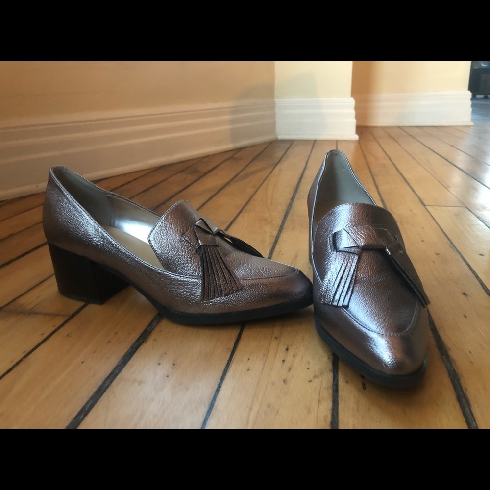 Silver metallic block heel loafers